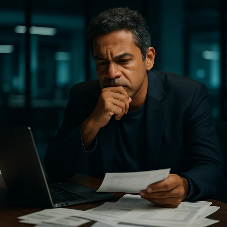 Empresário avaliando notas e documentos, decidindo trocar de contador